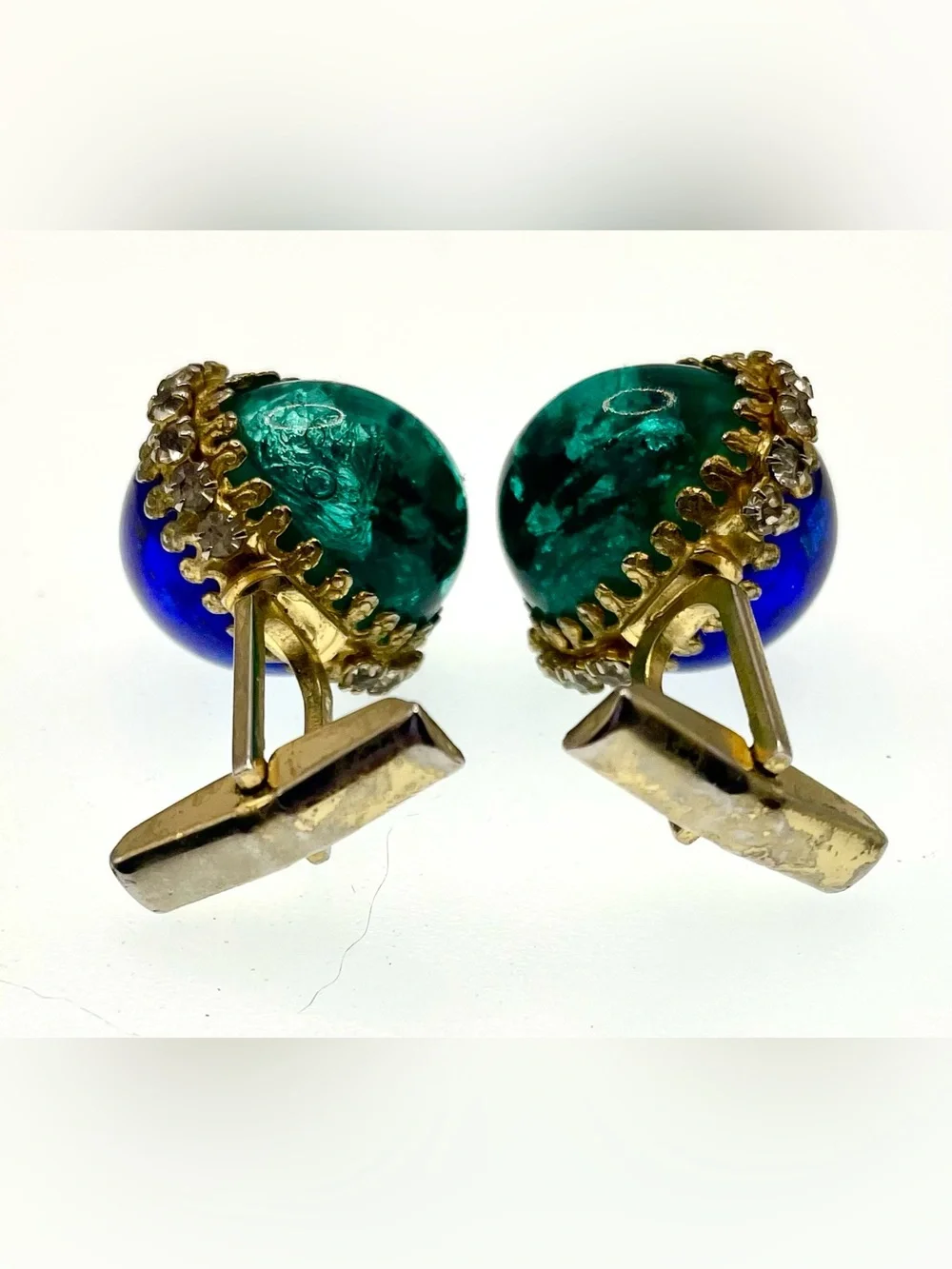 Vintage Blue Green Art Glass Rhinestone Gold Tone Cufflinks MCM Statement